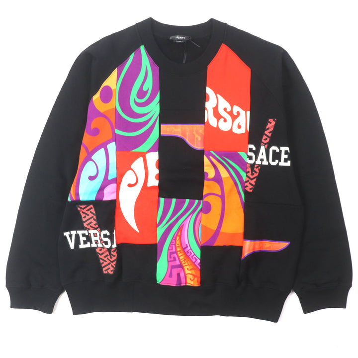 Pristine VERSACE sweat patchwork crew neck pullover black cotton mens XXL 1004001