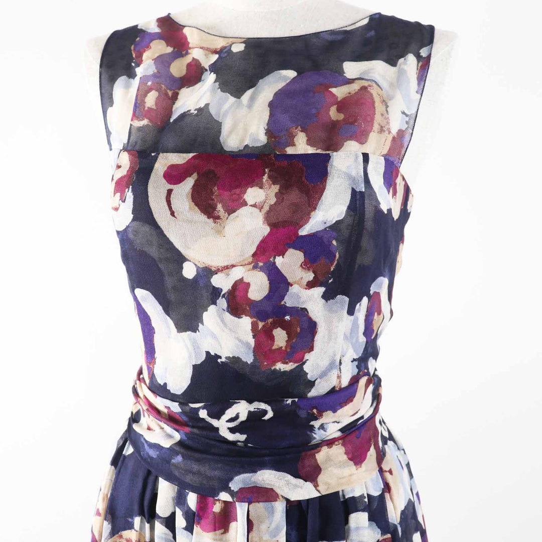 Excellent CHANEL one piece COCO Mark Camellia Partially Multi silk Women 34