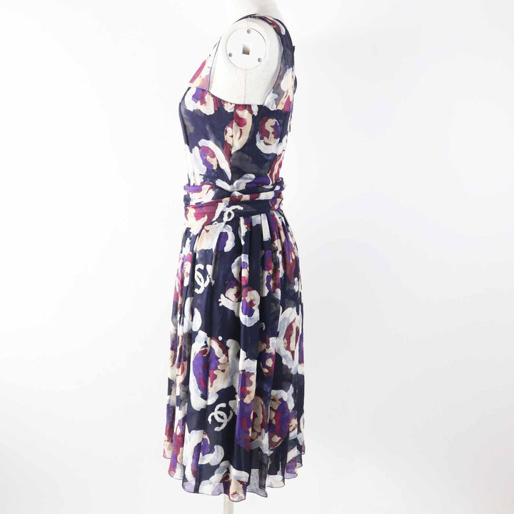 Excellent CHANEL one piece COCO Mark Camellia Partially Multi silk Women 34