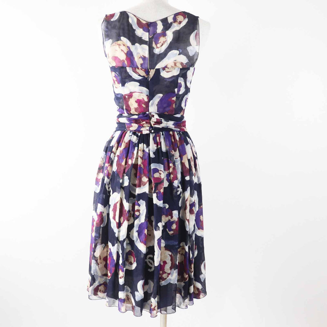 Excellent CHANEL one piece COCO Mark Camellia Partially Multi silk Women 34