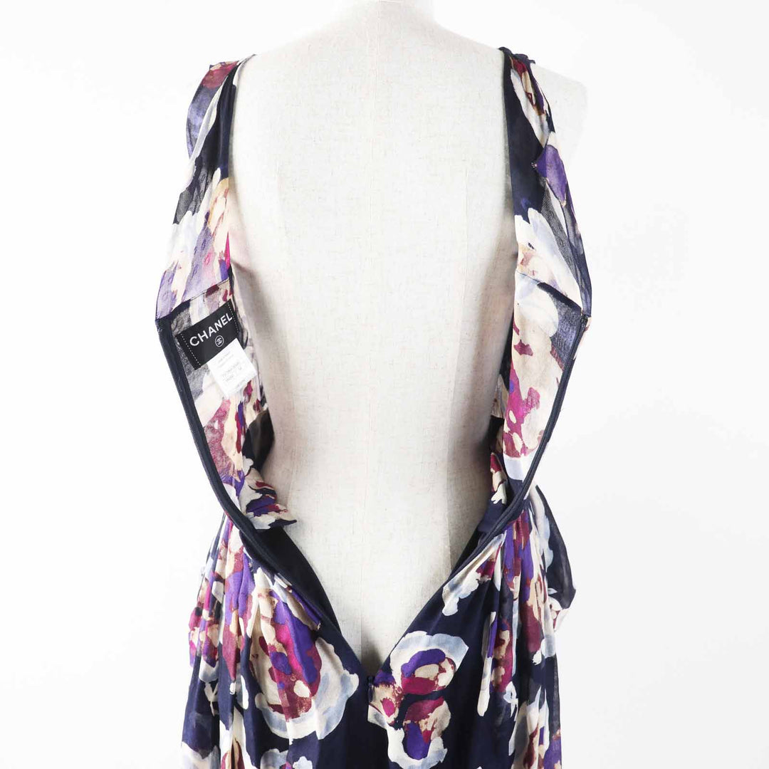 Excellent CHANEL one piece COCO Mark Camellia Partially Multi silk Women 34
