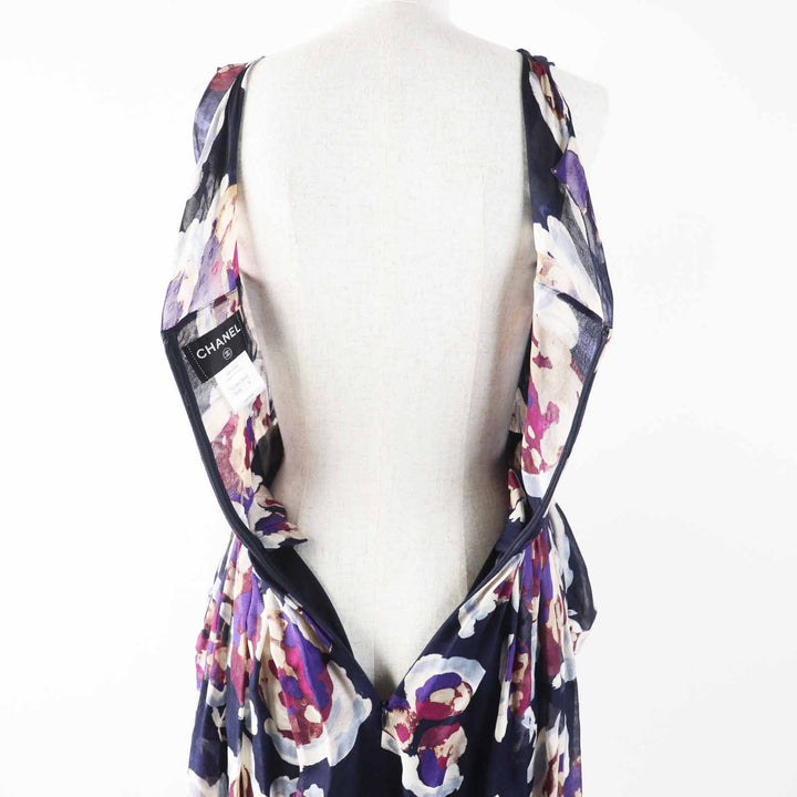Excellent CHANEL one piece COCO Mark Camellia Partially Multi silk Women 34
