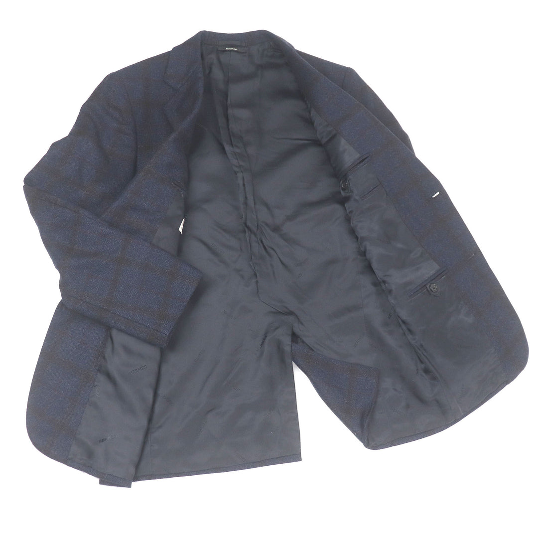 Excellent HERMES tailored jacket Windowpane Single Unconstructed Navy cashmere mens 46