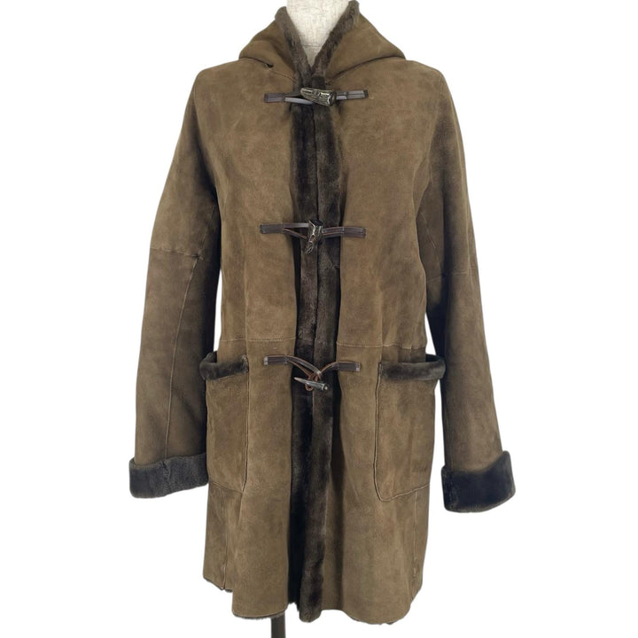 Very Good UNKNOWN Mouton coat Buffalo toggle button, hooded Sheepskin Women 6