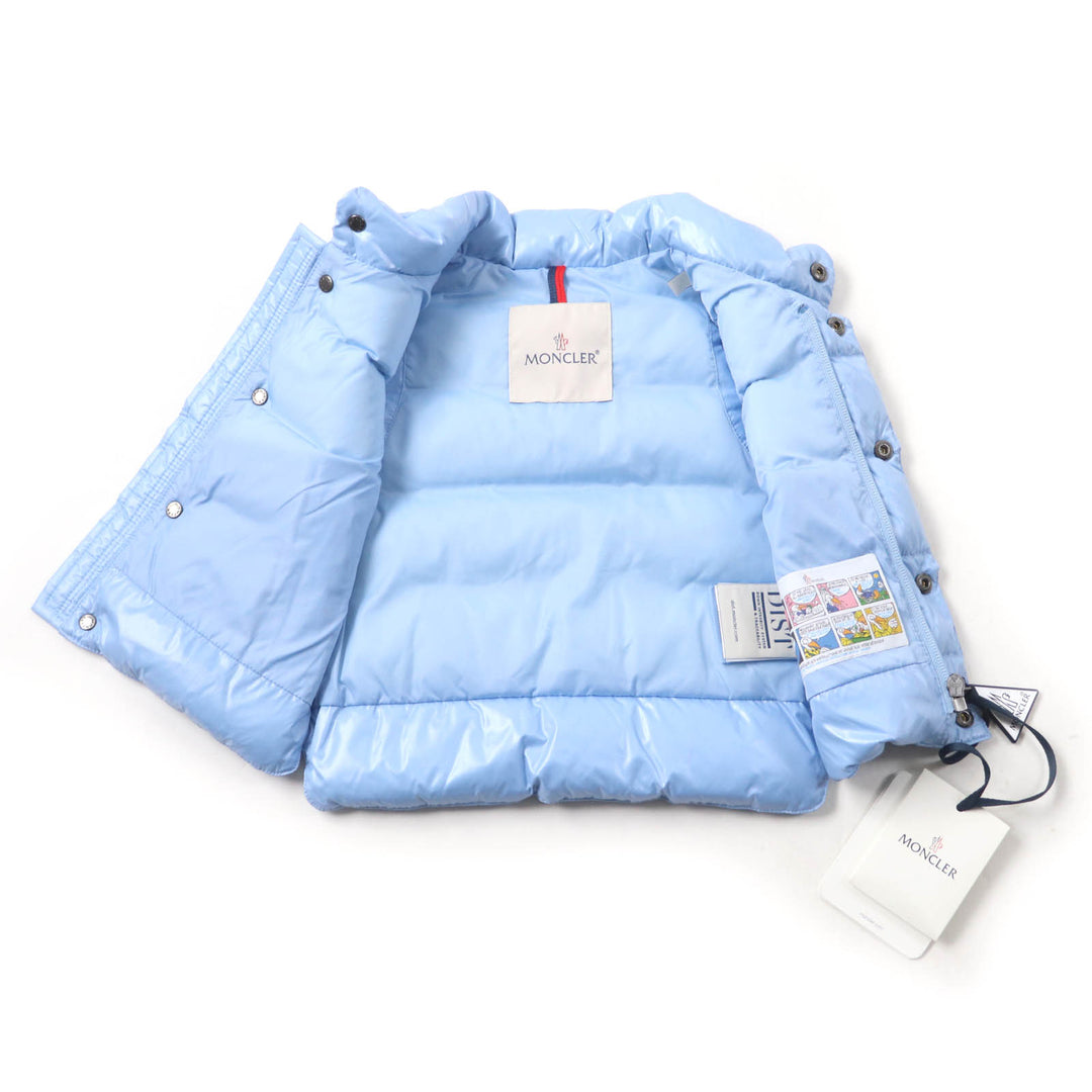 Pristine MONCLER Down vest BERNARD With logo patch Light blue Nylon Kids