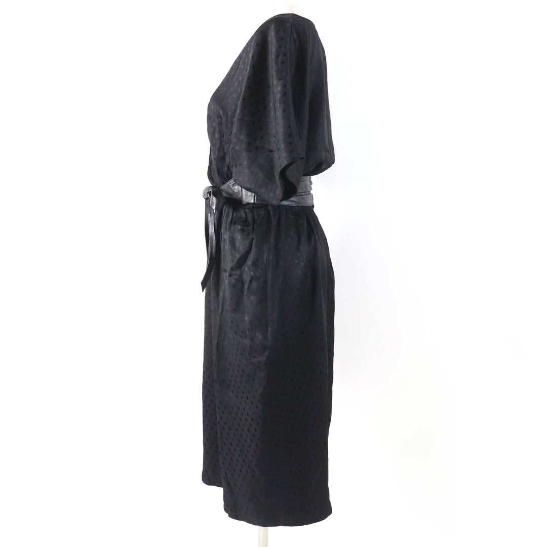 Great CELINE one piece Dot Pattern Belted V-neck black silk Women 38 2R289598D
