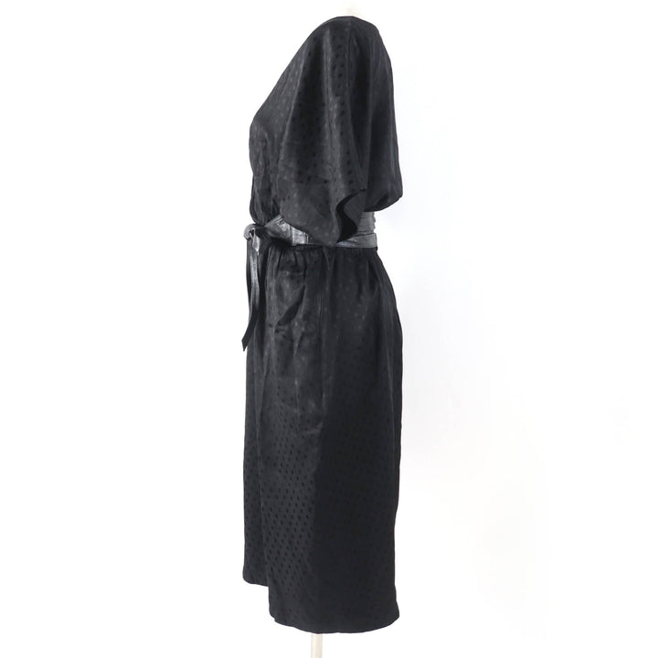 Great CELINE one piece Dot Pattern Belted V-neck black silk Women 38 2R289598D
