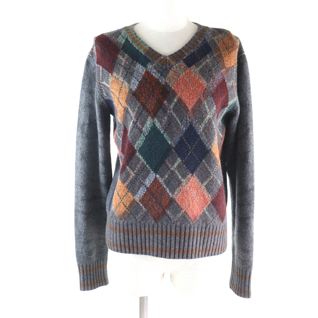 Excellent Christian Dior knit Bee Embroidery Argyle Pattern V-neck Multi
