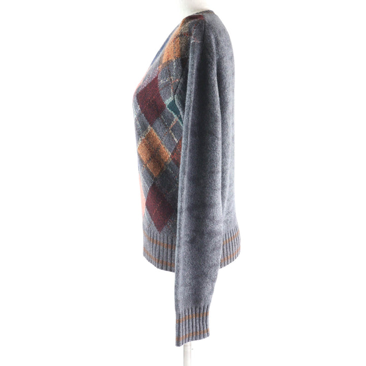 Excellent Christian Dior knit Bee Embroidery Argyle Pattern V-neck Multi cashmere Women 40