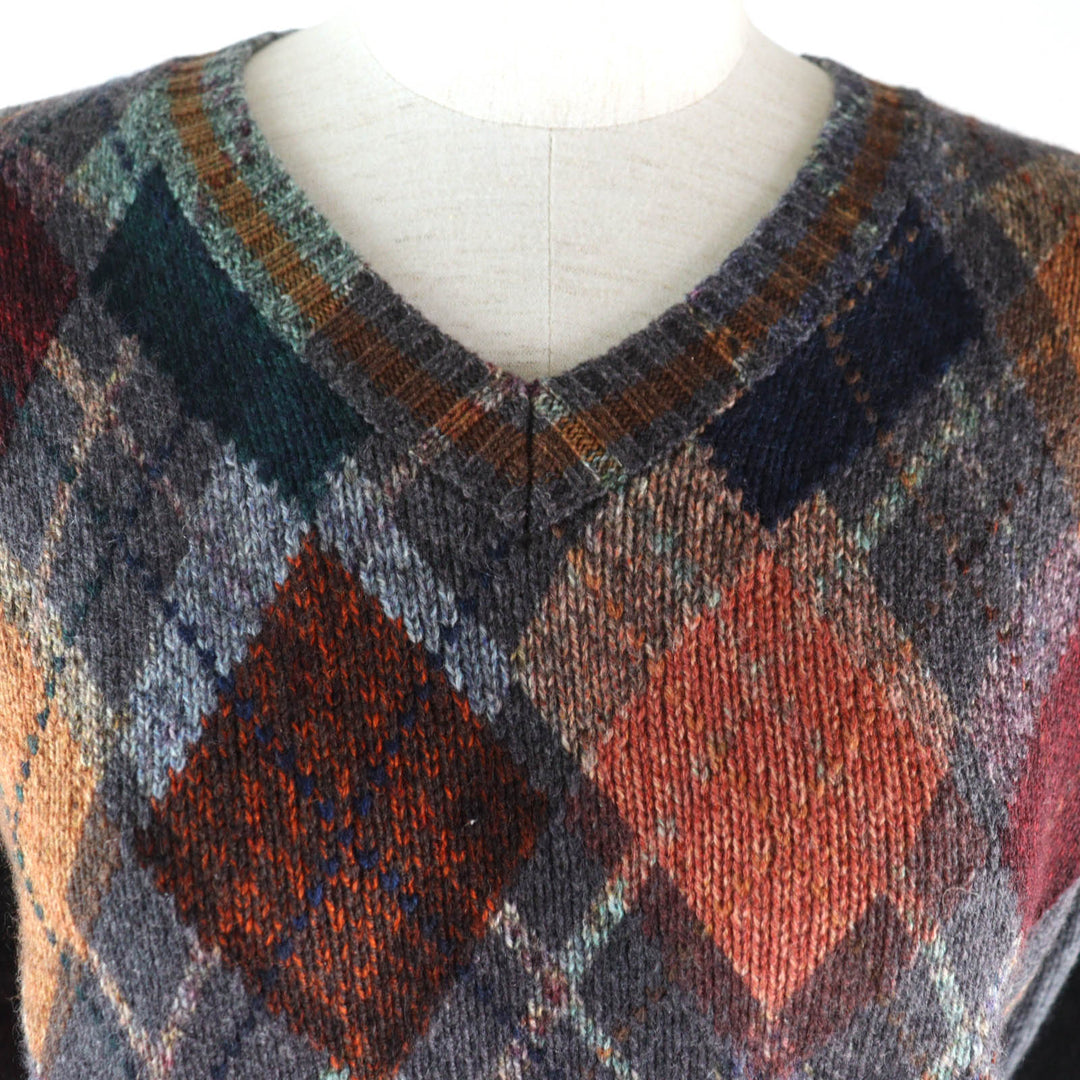 Excellent Christian Dior knit Bee Embroidery Argyle Pattern V-neck Multi