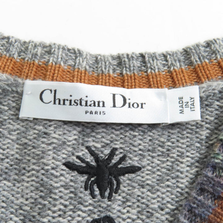 Excellent Christian Dior knit Bee Embroidery Argyle Pattern V-neck Multi