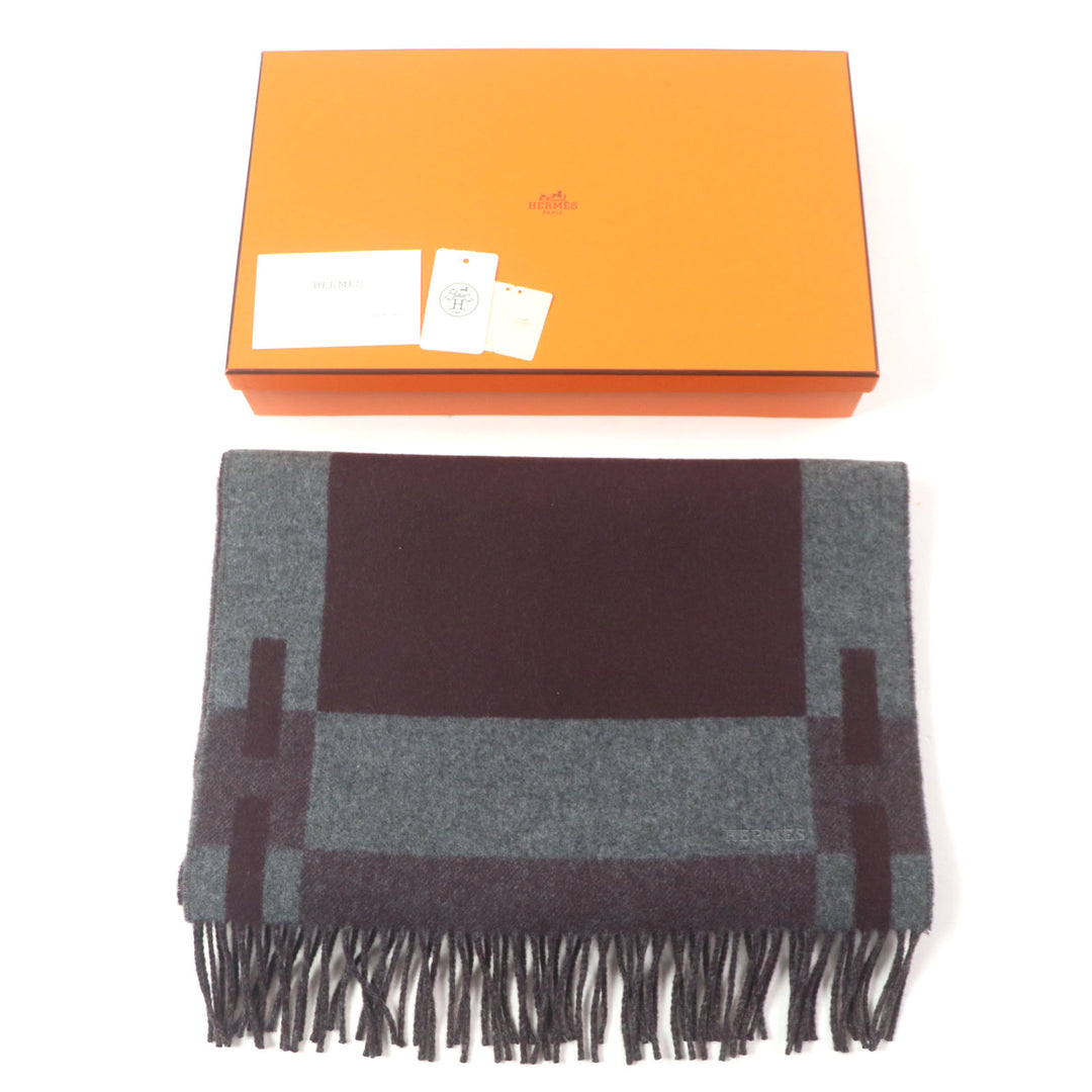 Excellent HERMES Scarf H Passant Current product with fringe Violet Gray cashmere