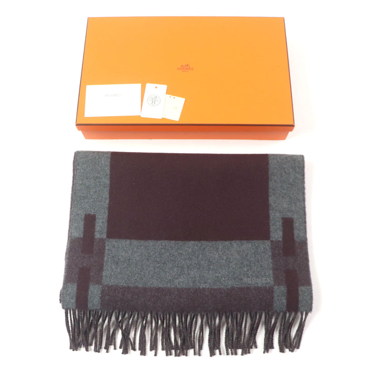 Excellent HERMES Scarf H Passant Current product with fringe Violet Gray cashmere