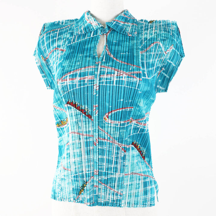 Excellent PLEATS PLEASE Short sleeve shirt Roller Coaster Print Light blue Women