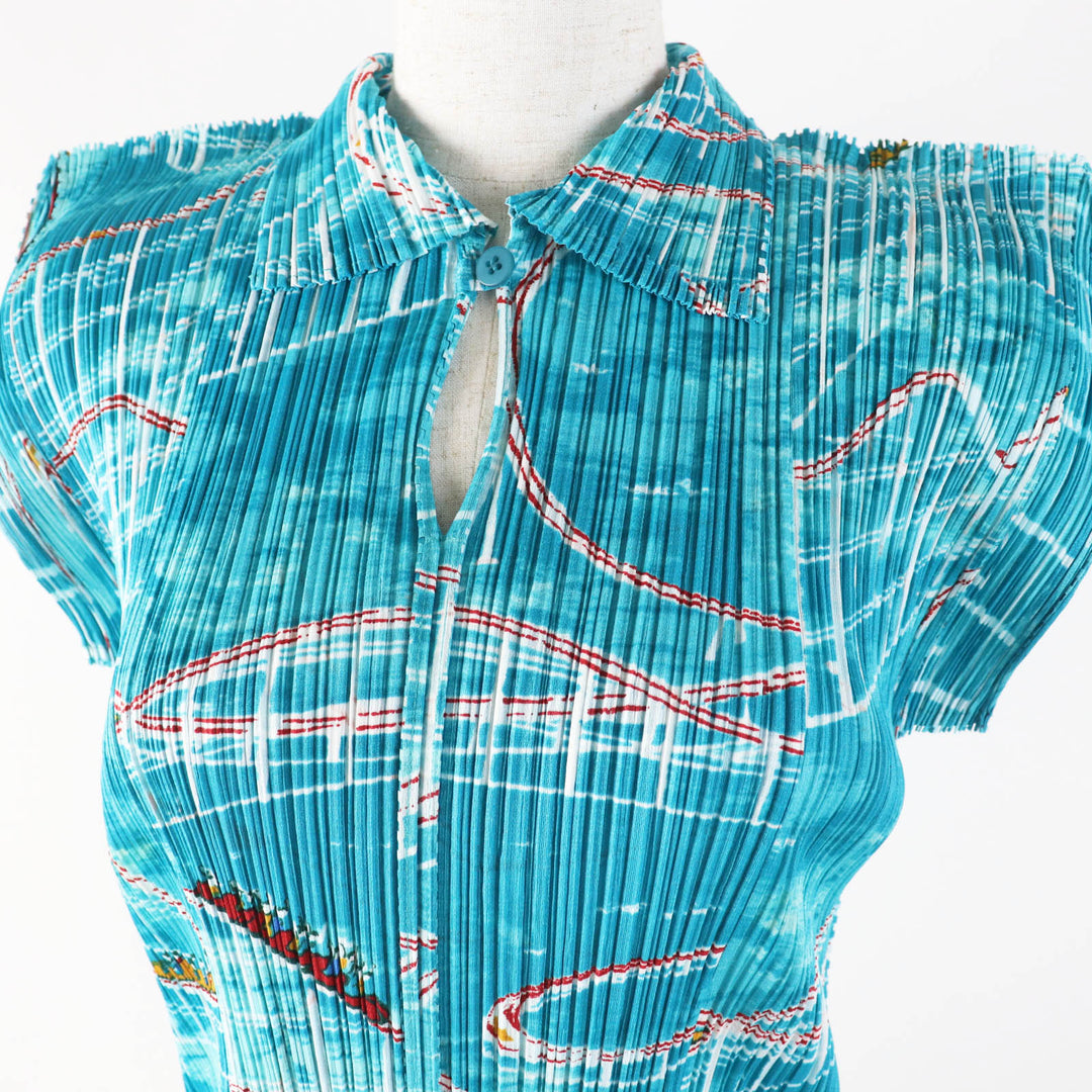 Excellent PLEATS PLEASE Short sleeve shirt Roller Coaster Print Light blue Women