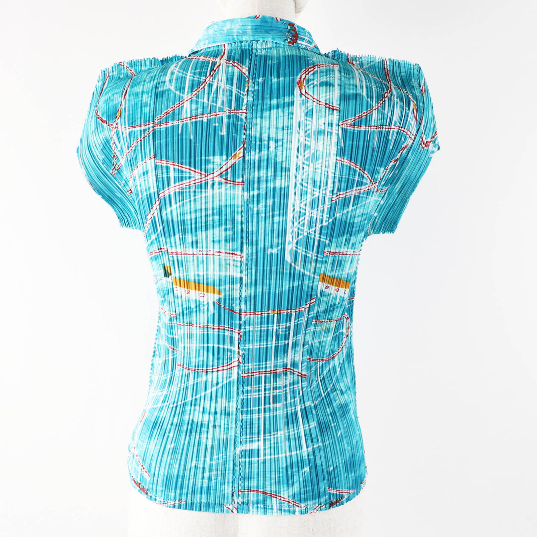 Excellent PLEATS PLEASE Short sleeve shirt Roller Coaster Print Light blue Women