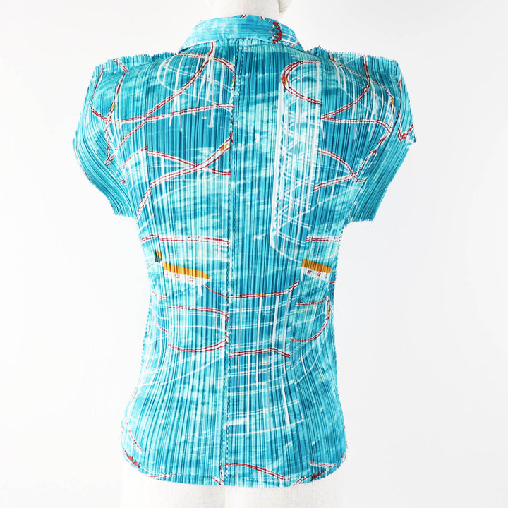 Excellent PLEATS PLEASE Short sleeve shirt Roller Coaster Print Light blue Women