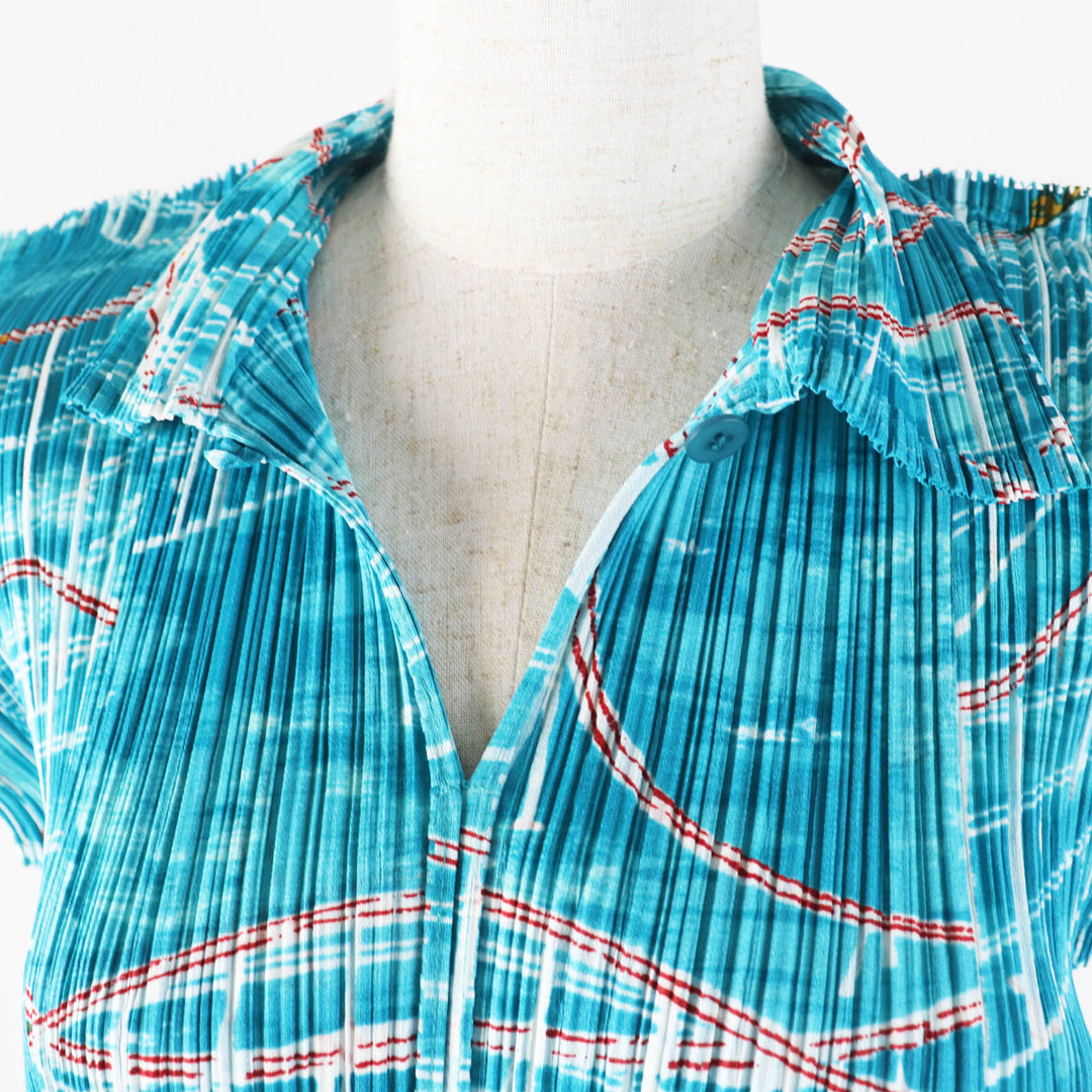 Excellent PLEATS PLEASE Short sleeve shirt Roller Coaster Print Light blue Women