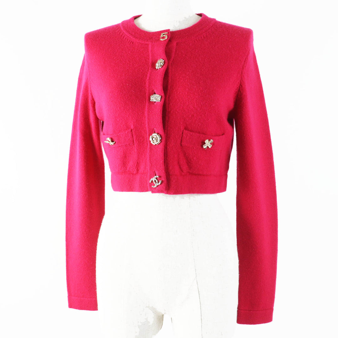 Excellent CHANEL cardigan Lucky Charm Cropped Knit shocking pink cashmere Women 34 P73483