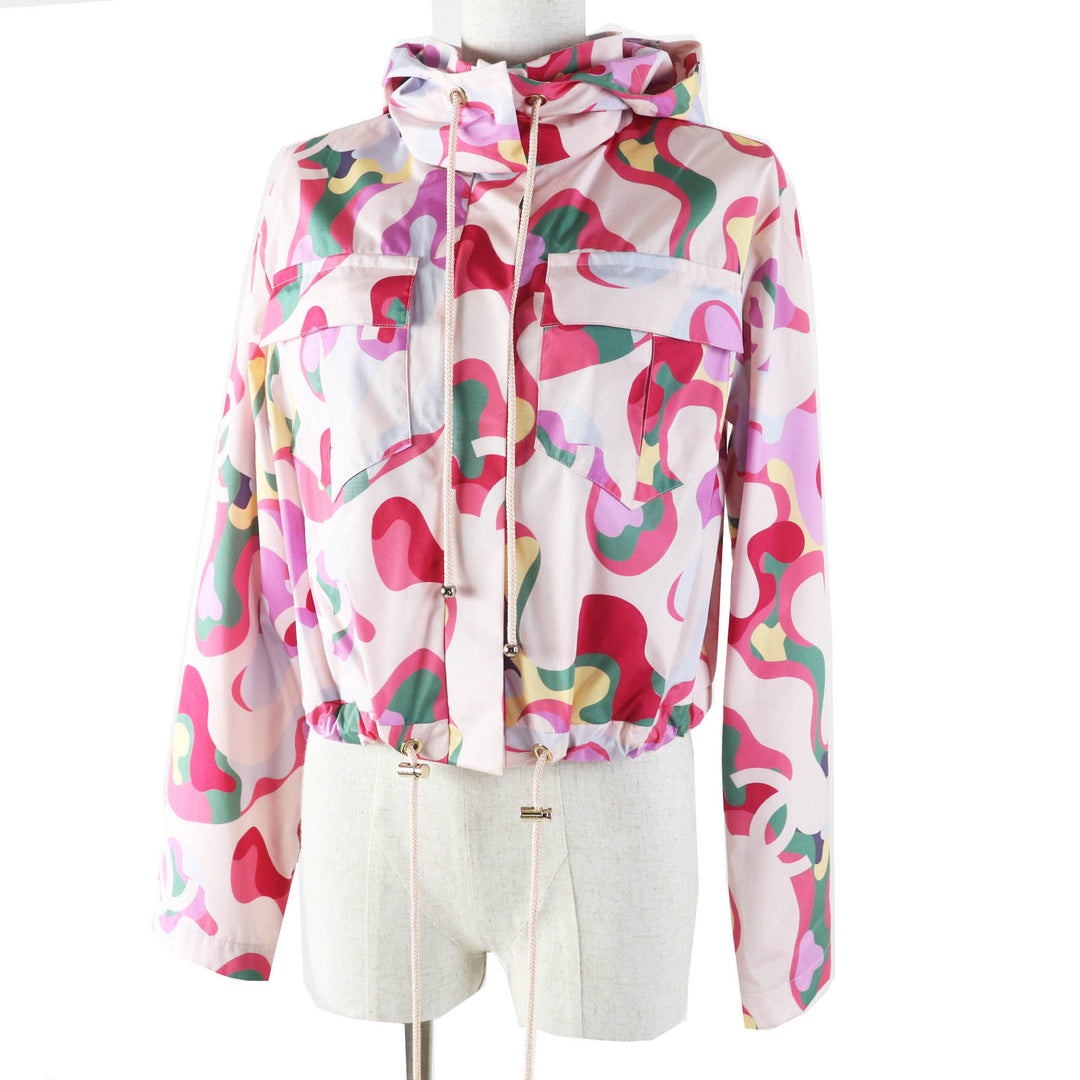 Excellent CHANEL Blouson Logo print hooded zip-up jacket Multi silk Women 34