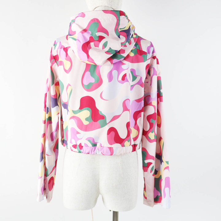 Excellent CHANEL Blouson Logo print hooded zip-up jacket Multi silk Women 34