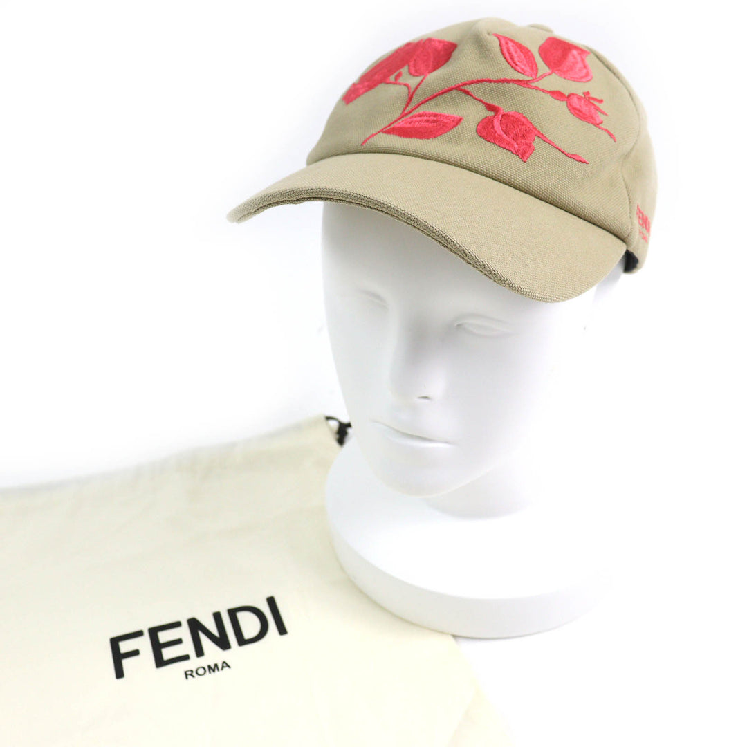 Pristine FENDI cap Logo Floral Rose Embroidery Baseball Cap Hat Women 58 FXQ675