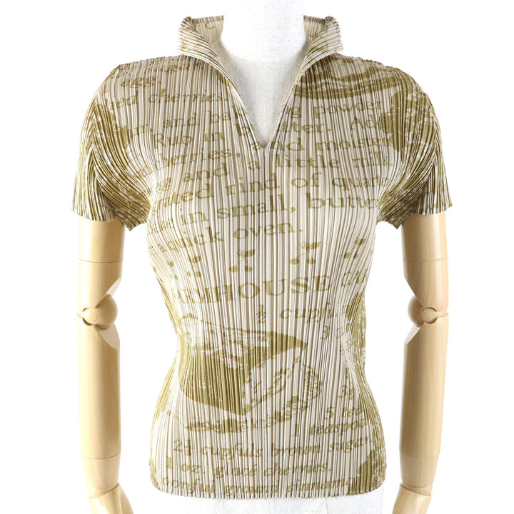 Excellent PLEATS PLEASE T-shirt Letter Print Skipper High Neck Beige Women 3