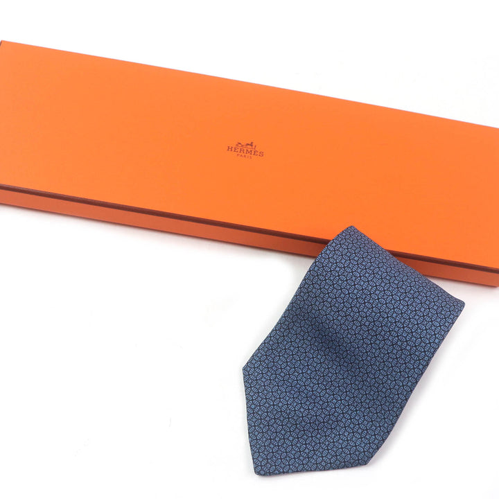 Excellent HERMES tie Geometric all-over wide tie blue silk mens 7695 OA