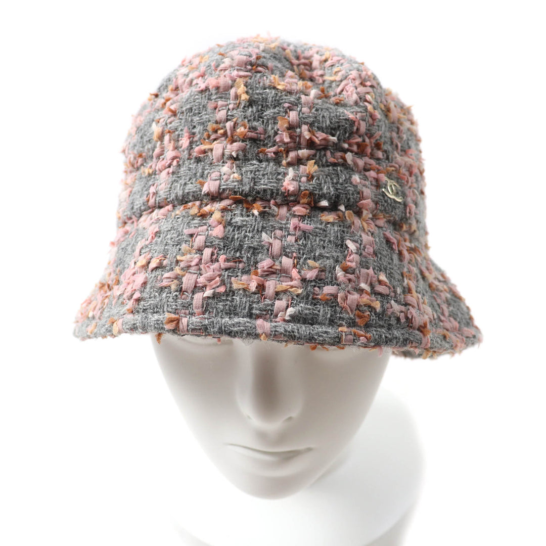 Excellent CHANEL hat COCO MarkMetal Ribbon Tweed Bucket Gray pink wool Women M