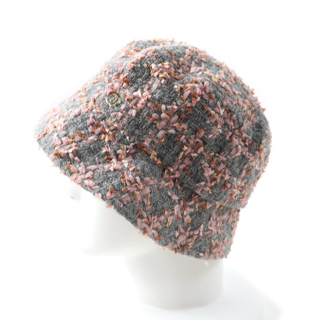 Excellent CHANEL hat COCO MarkMetal Ribbon Tweed Bucket Gray pink wool Women M