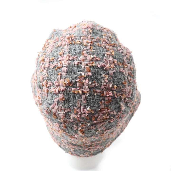 Excellent CHANEL hat COCO MarkMetal Ribbon Tweed Bucket Gray pink wool Women M