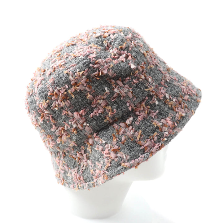 Excellent CHANEL hat COCO MarkMetal Ribbon Tweed Bucket Gray pink wool Women M