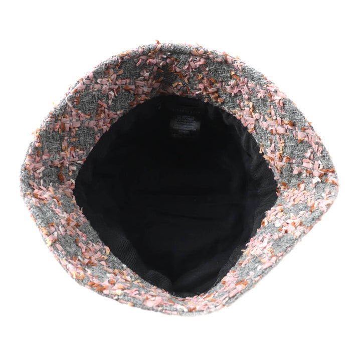 Excellent CHANEL hat COCO MarkMetal Ribbon Tweed Bucket Gray pink wool Women M