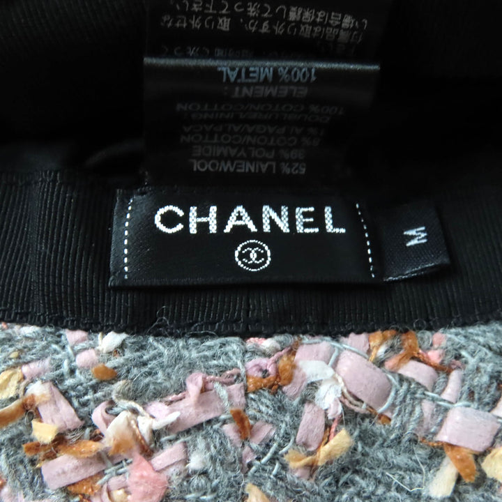 Excellent CHANEL hat COCO MarkMetal Ribbon Tweed Bucket Gray pink wool Women M