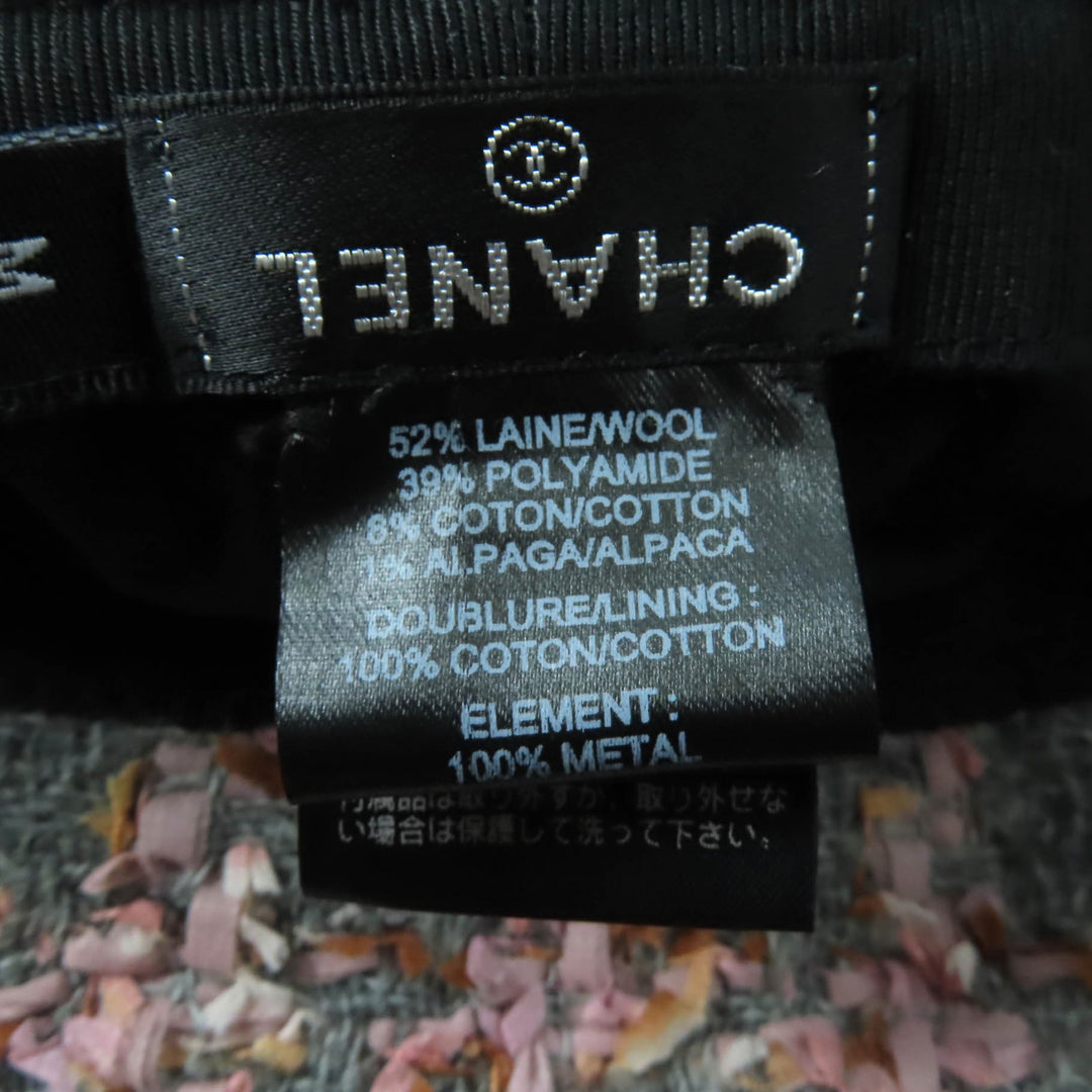 Excellent CHANEL hat COCO MarkMetal Ribbon Tweed Bucket Gray pink wool Women M