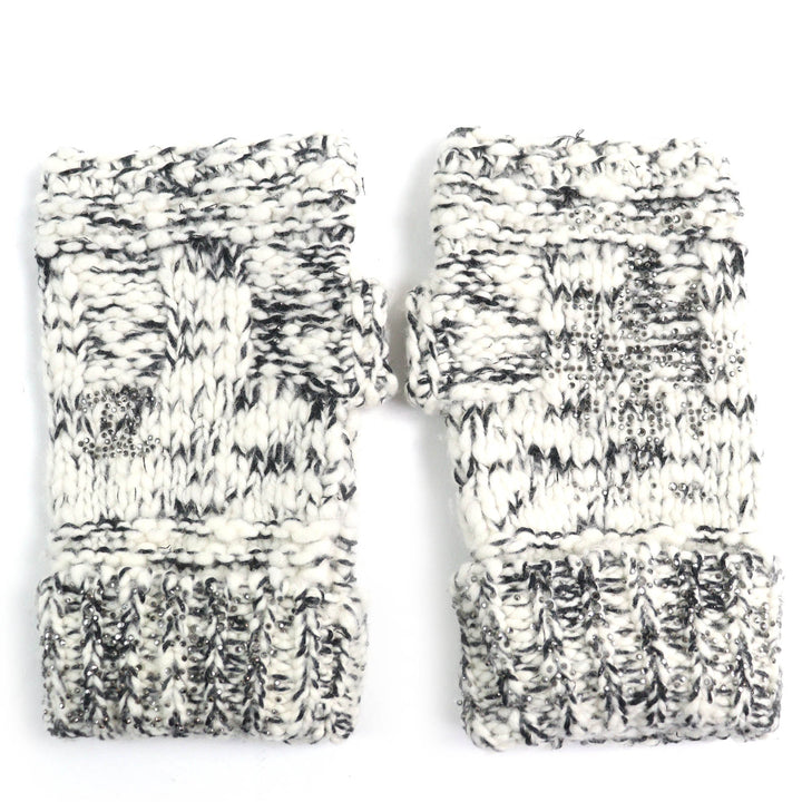 Very Good CHANEL gloves COCO Mark Rhinestone Knit Mittens White black Women M P39194