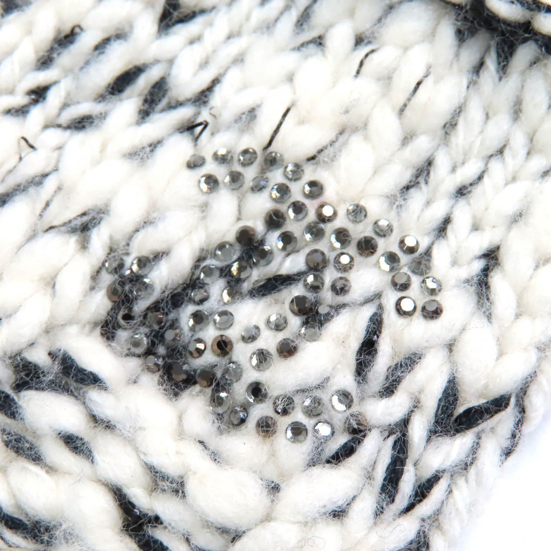 Very Good CHANEL gloves COCO Mark Rhinestone Knit Mittens White black Women M P39194