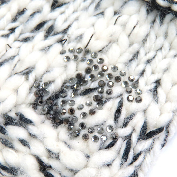 Very Good CHANEL gloves COCO Mark Rhinestone Knit Mittens White black Women M P39194