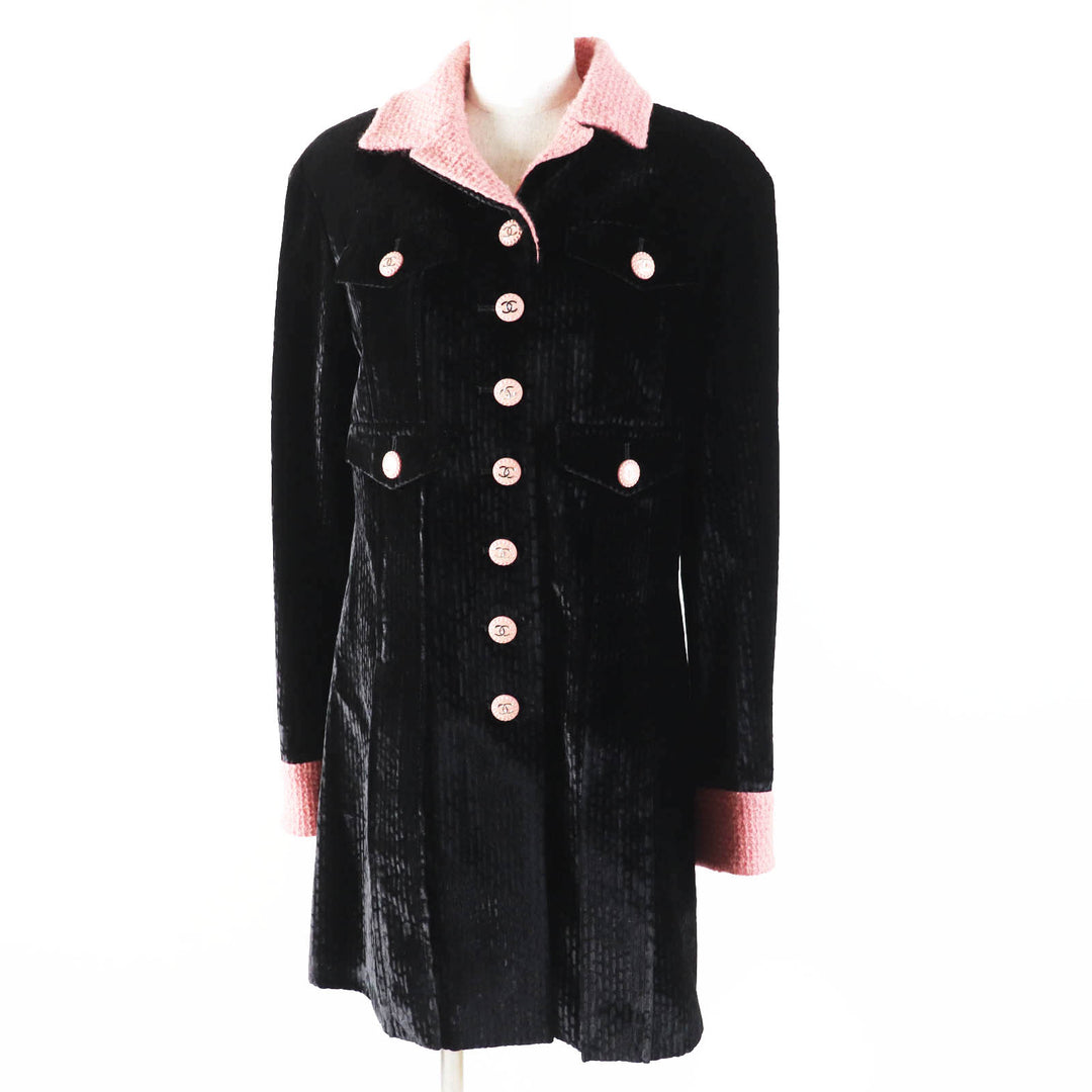 Excellent CHANEL coat COCO Button Tweed Switching Velvet Black pink Women 38 22B P73309