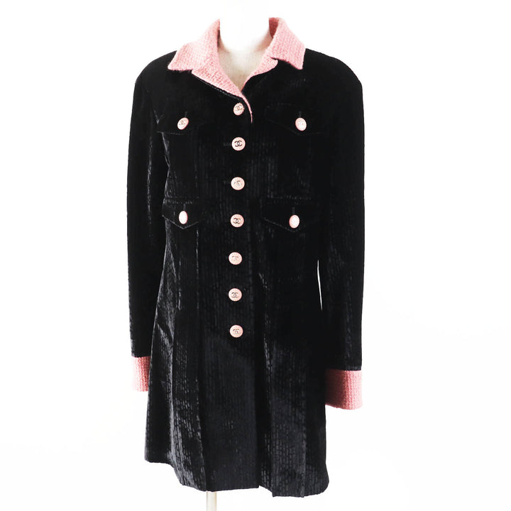 Excellent CHANEL coat COCO Button Tweed Switching Velvet Black pink Women 38 22B P73309