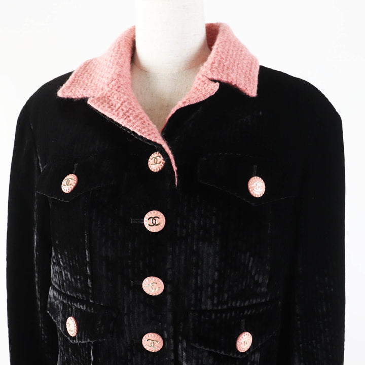 Excellent CHANEL coat COCO Button Tweed Switching Velvet Black pink Women 38 22B P73309