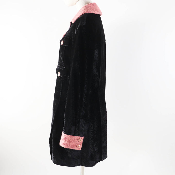 Excellent CHANEL coat COCO Button Tweed Switching Velvet Black pink Women 38 22B P73309