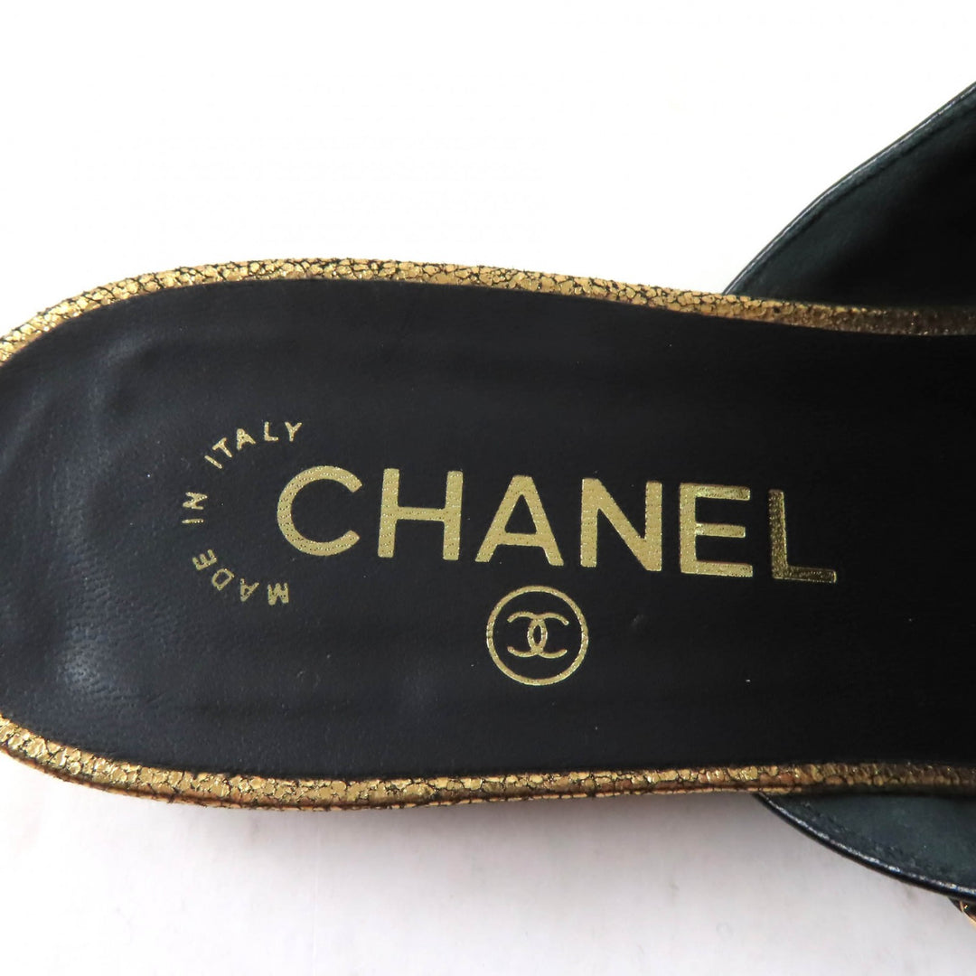 Pristine CHANEL Mule COCO Mark Chain embellished black leather Women 37.5 19A