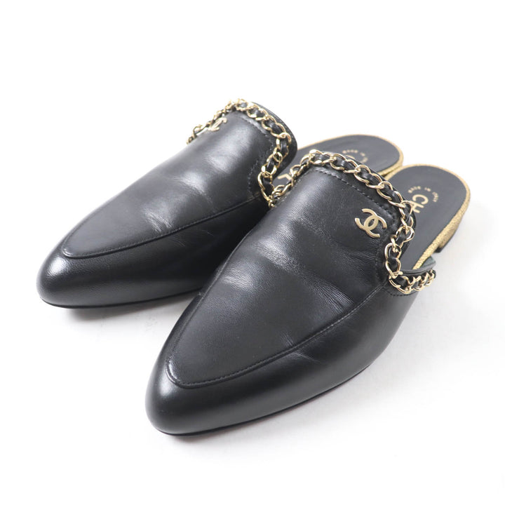 Pristine CHANEL Mule COCO Mark Chain embellished black leather Women 37.5 19A
