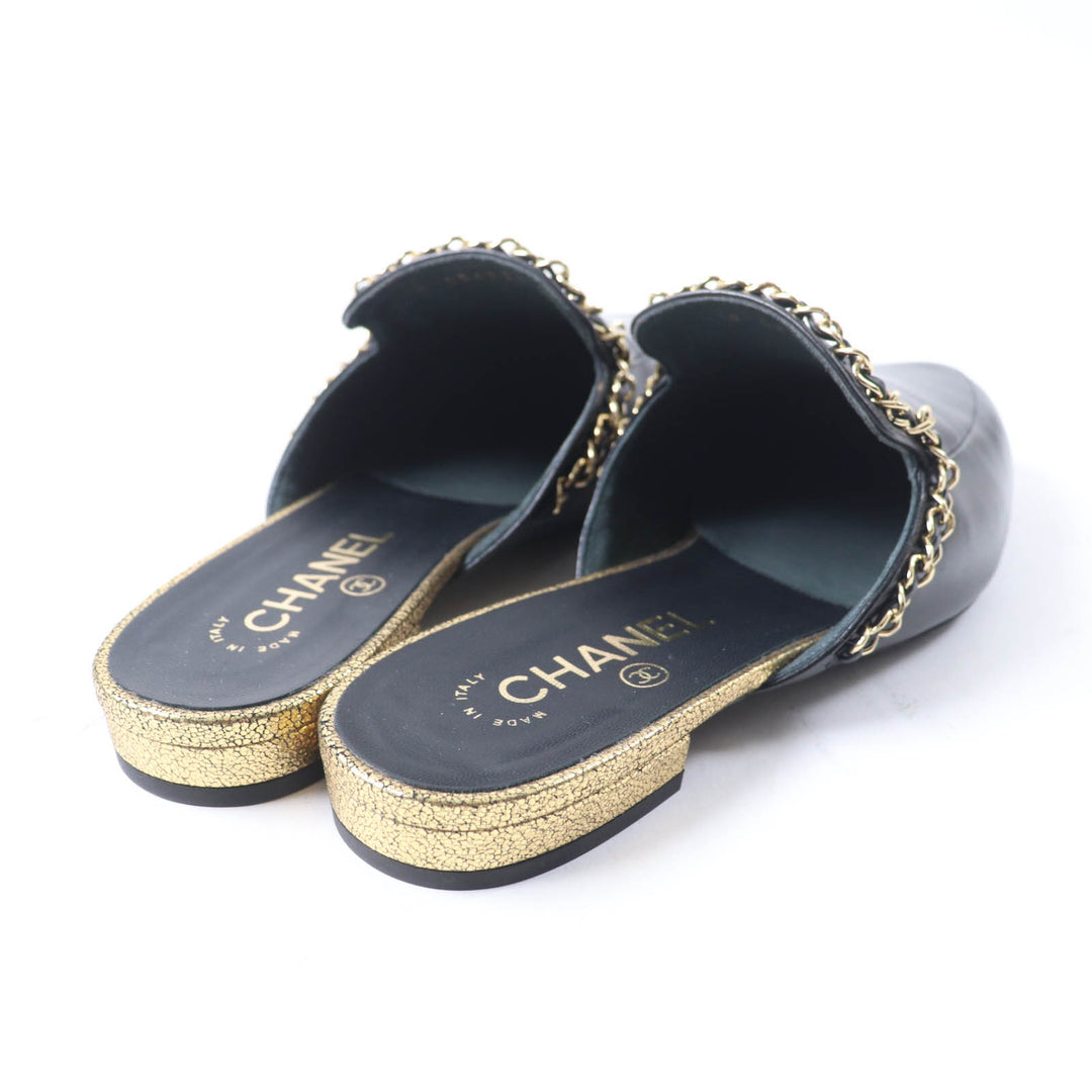 Pristine CHANEL Mule COCO Mark Chain embellished black leather Women 37.5 19A