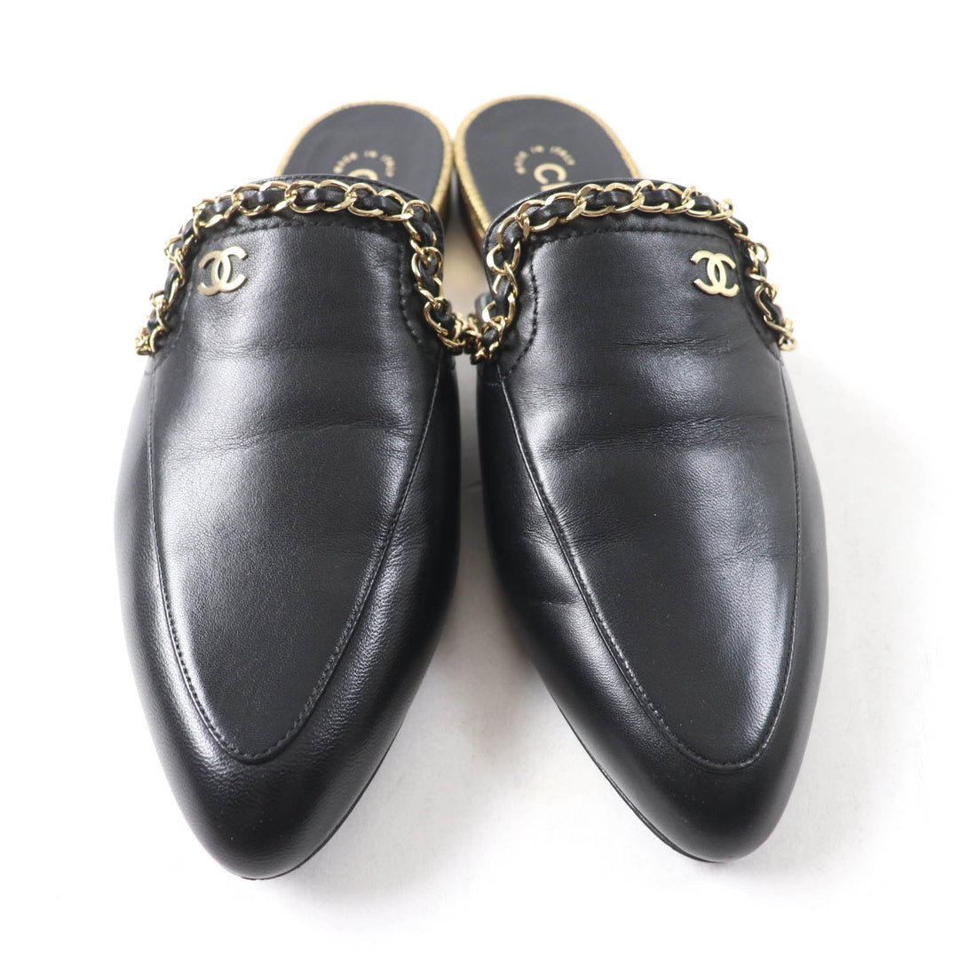 Pristine CHANEL Mule COCO Mark Chain embellished black leather Women 37.5 19A