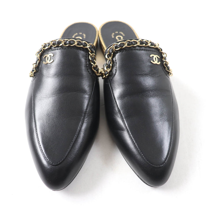 Pristine CHANEL Mule COCO Mark Chain embellished black leather Women 37.5 19A