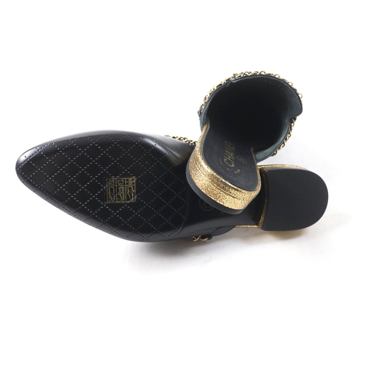 Pristine CHANEL Mule COCO Mark Chain embellished black leather Women 37.5 19A
