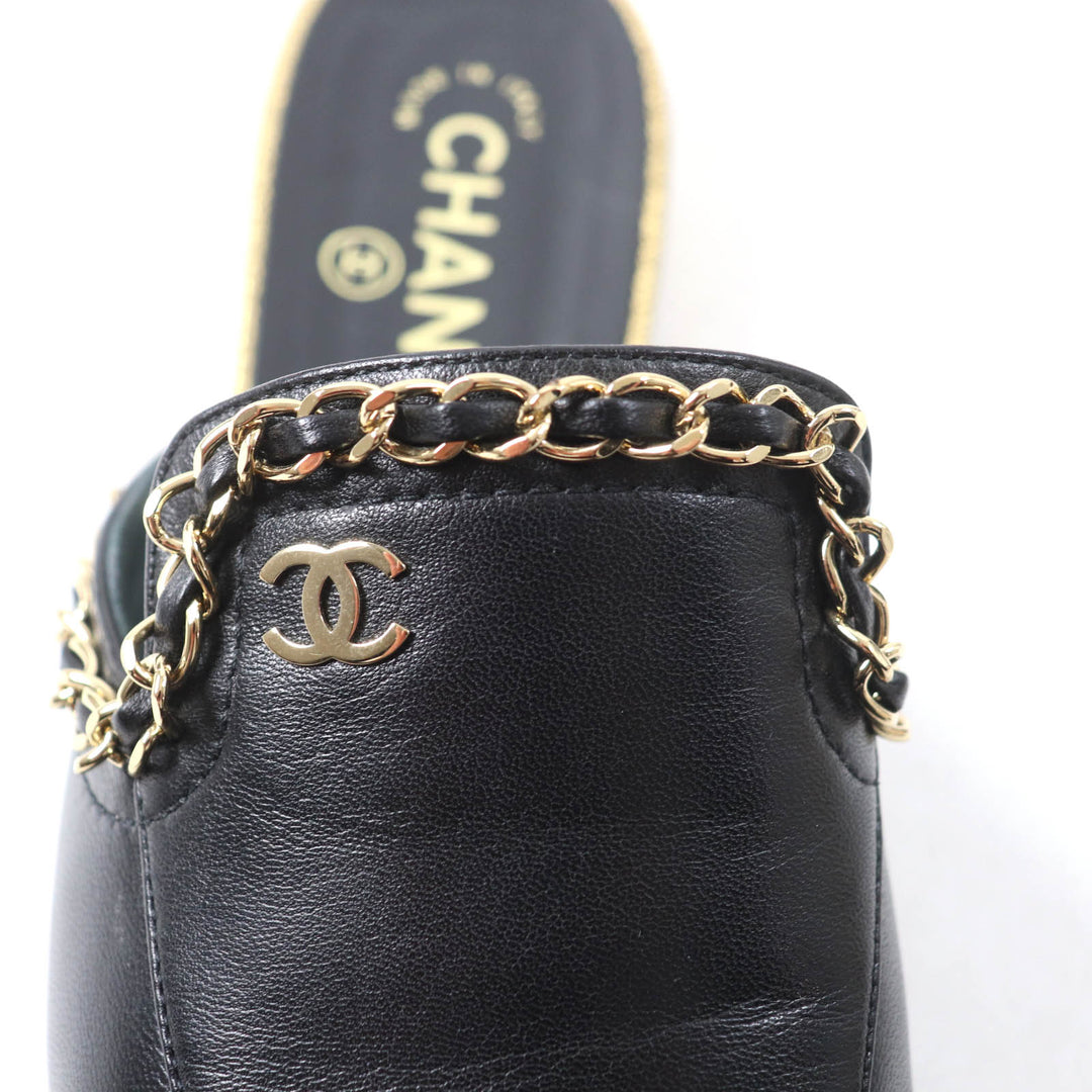 Pristine CHANEL Mule COCO Mark Chain embellished black leather Women 37.5 19A