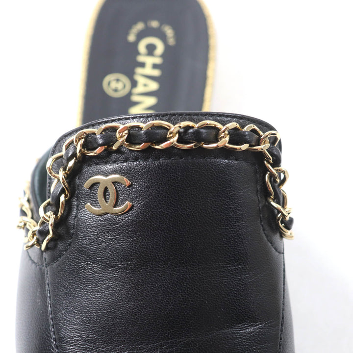 Pristine CHANEL Mule COCO Mark Chain embellished black leather Women 37.5 19A